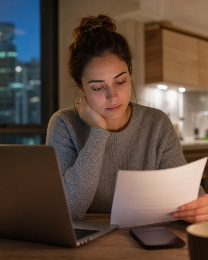 Creator reading an agency agreement on her laptop at a kitchen table in the evening