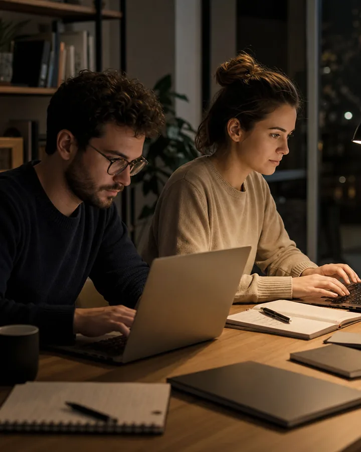 Two chat team members working at laptops in a quiet home office at night