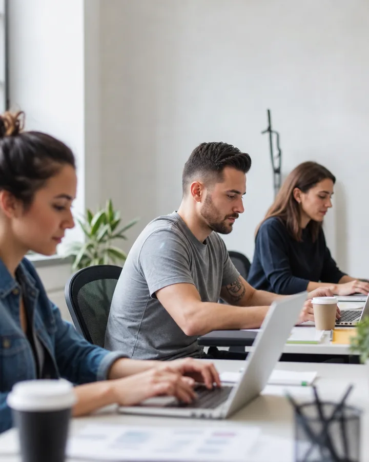 Chat team working at desks in a small bright office